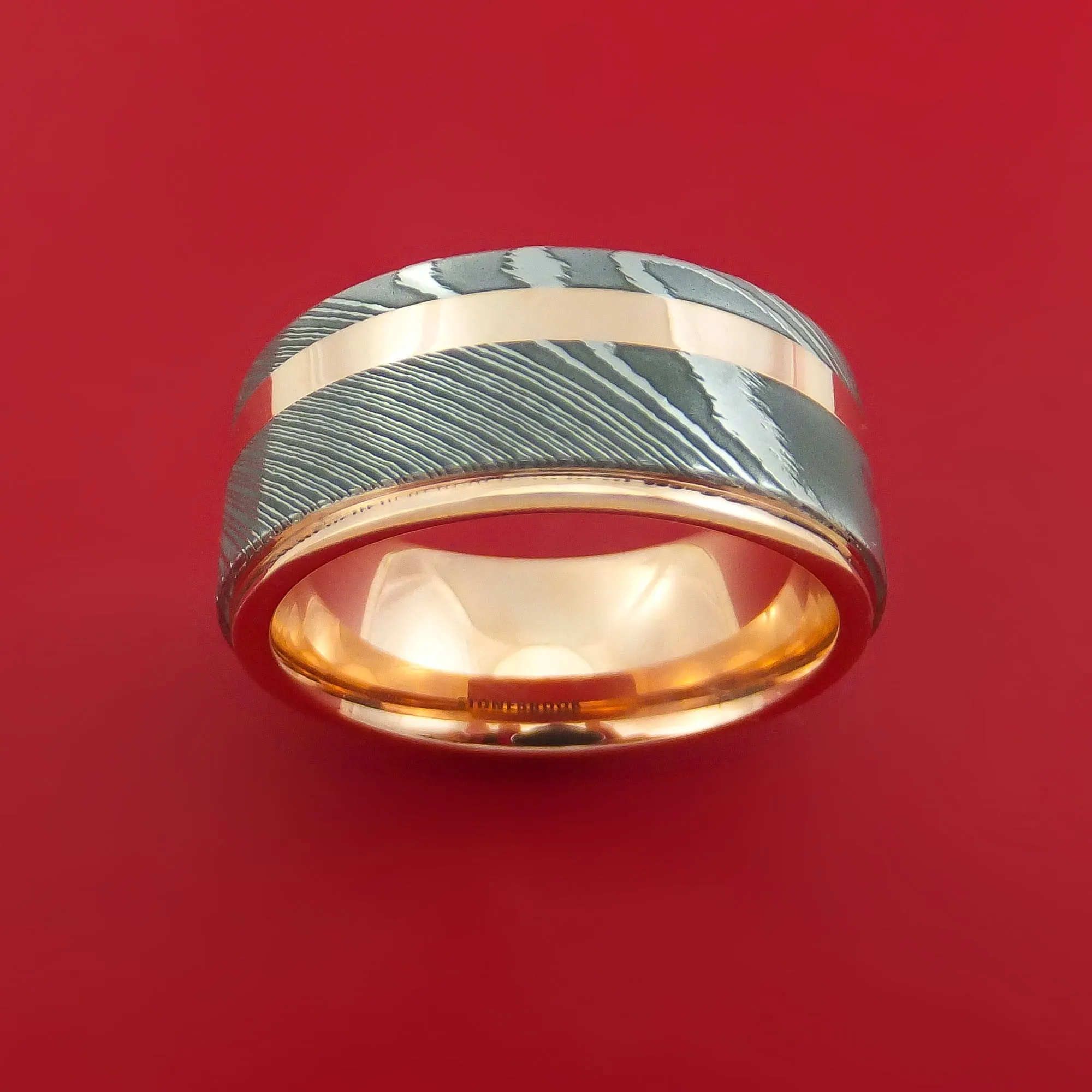 Damascus Steel 14K Rose Gold Ring Wedding Band with Gold Inlay
