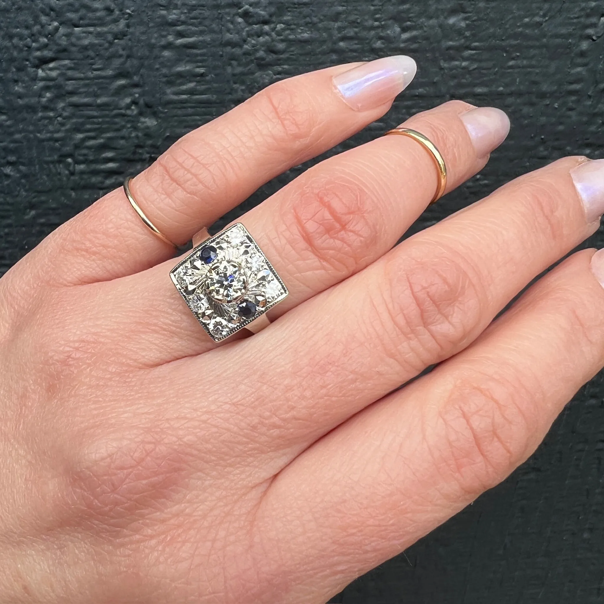 Deco Square Diamond and Sapphire Ring