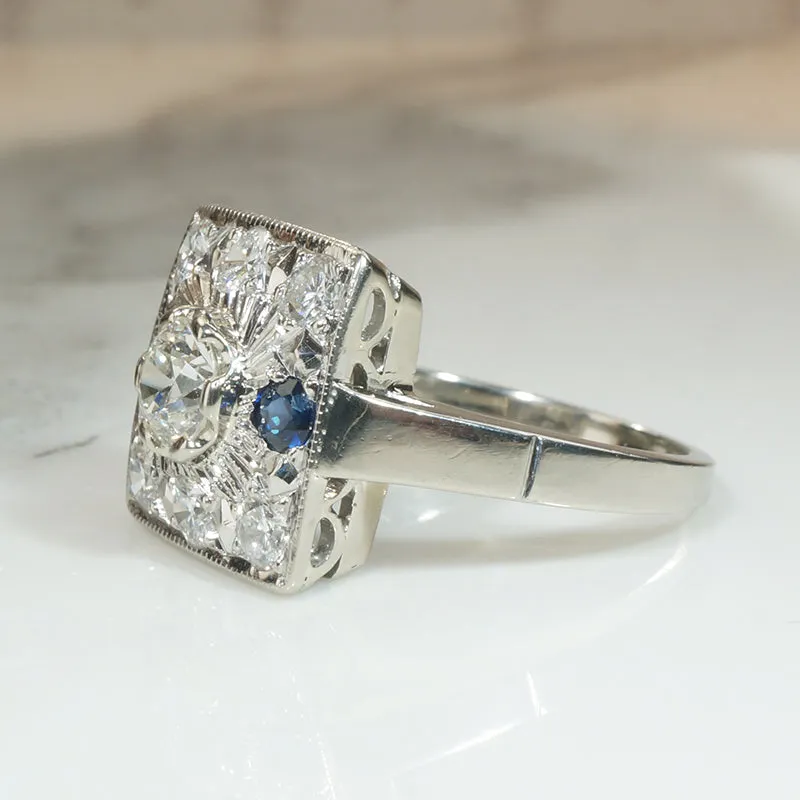 Deco Square Diamond and Sapphire Ring