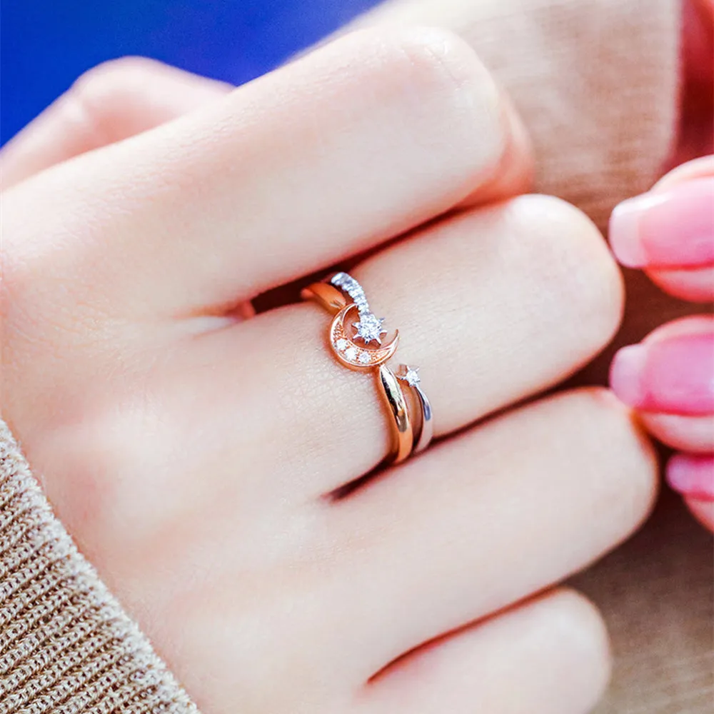 Diamond Crescent Moon and Star 2-Piece Matching Rings Set