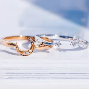 Diamond Crescent Moon and Star 2-Piece Matching Rings Set