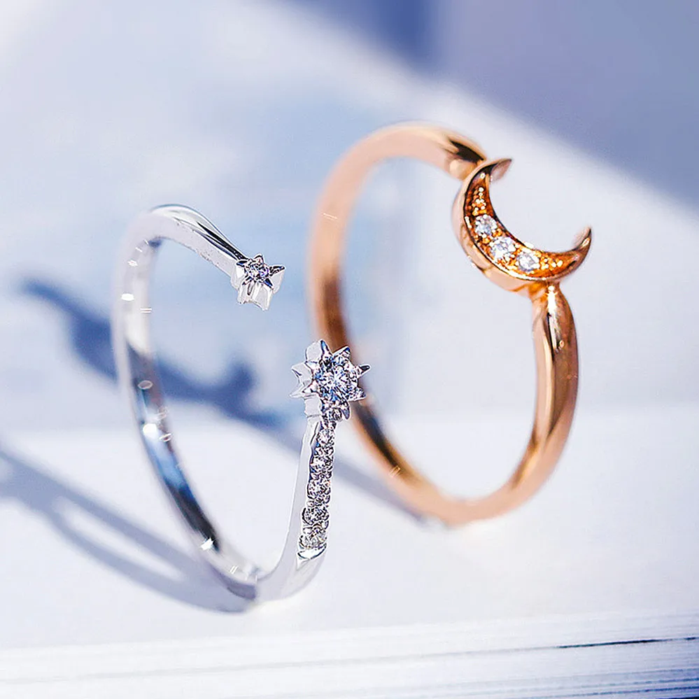Diamond Crescent Moon and Star 2-Piece Matching Rings Set