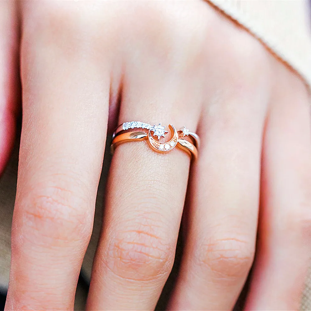 Diamond Crescent Moon and Star 2-Piece Matching Rings Set