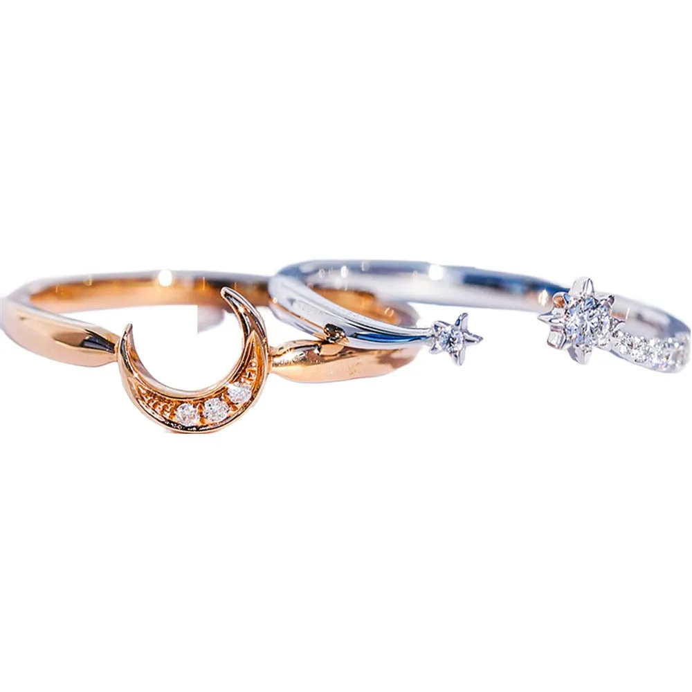 Diamond Crescent Moon and Star 2-Piece Matching Rings Set