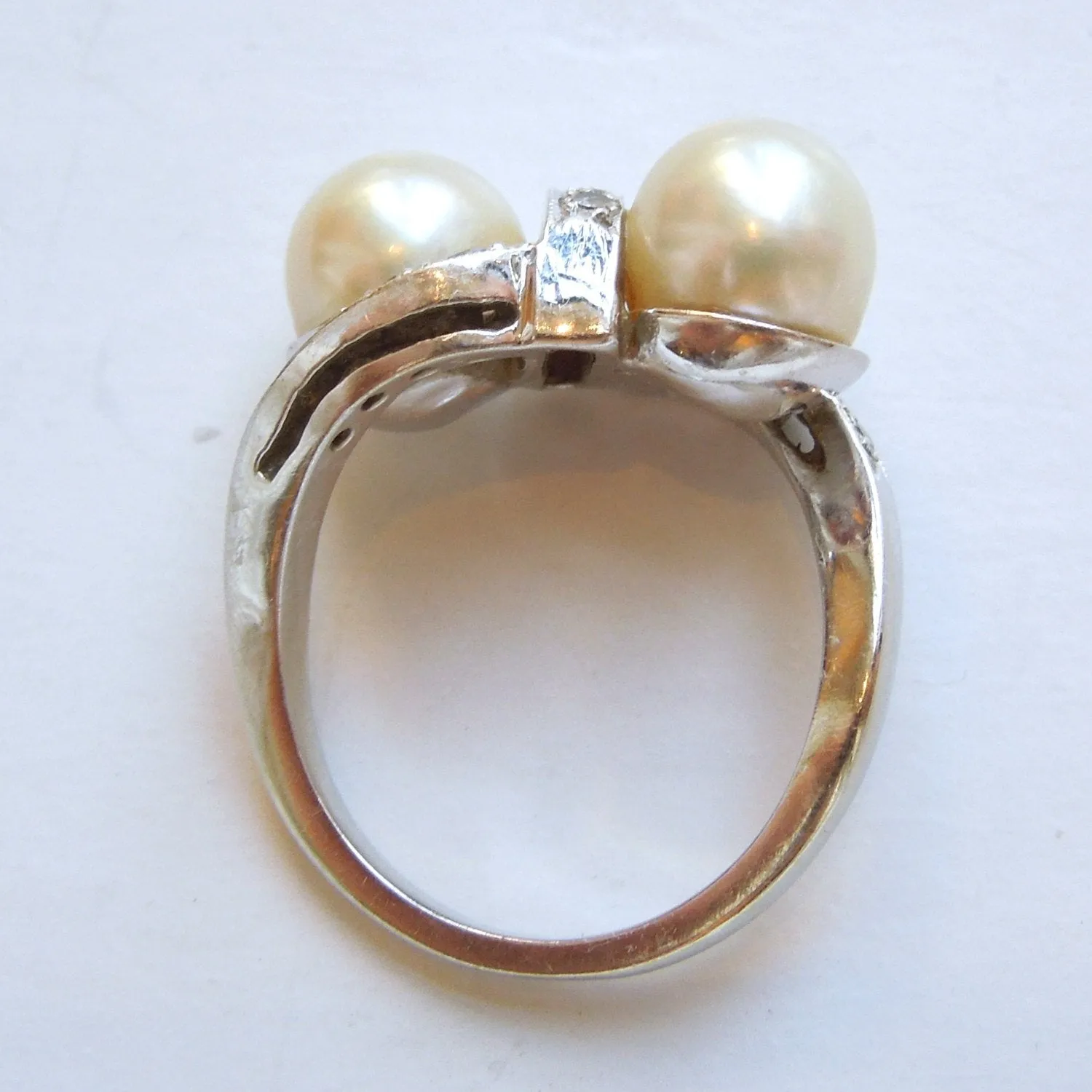 Double Pearl and Diamond Ring in 14K White Gold