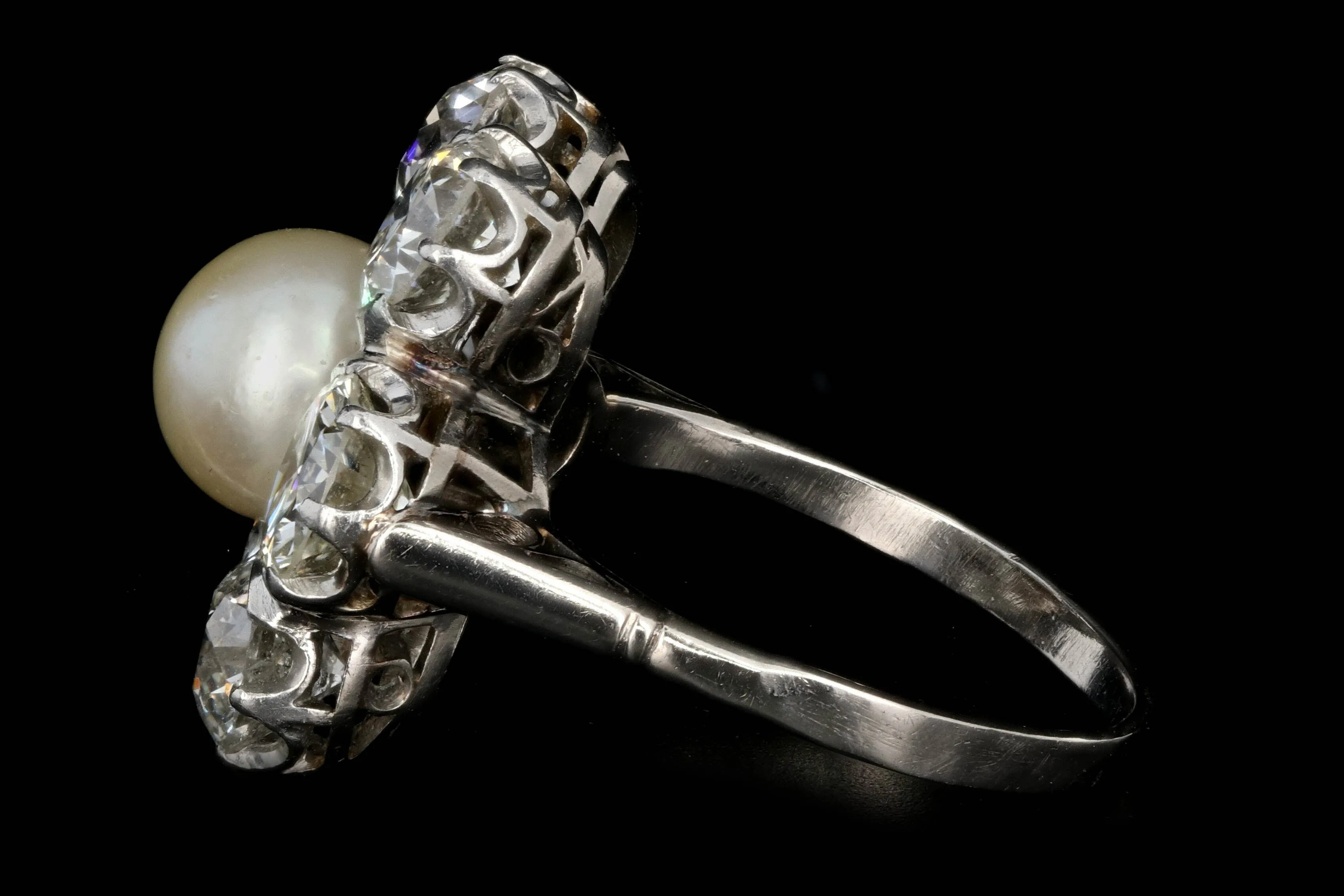 Edwardian 14K White Gold Akoya Cultured Pearl and Diamond Halo Ring GIA Certified