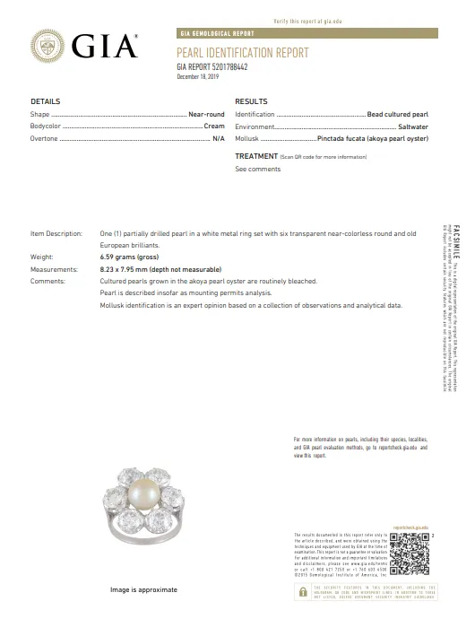 Edwardian 14K White Gold Akoya Cultured Pearl and Diamond Halo Ring GIA Certified