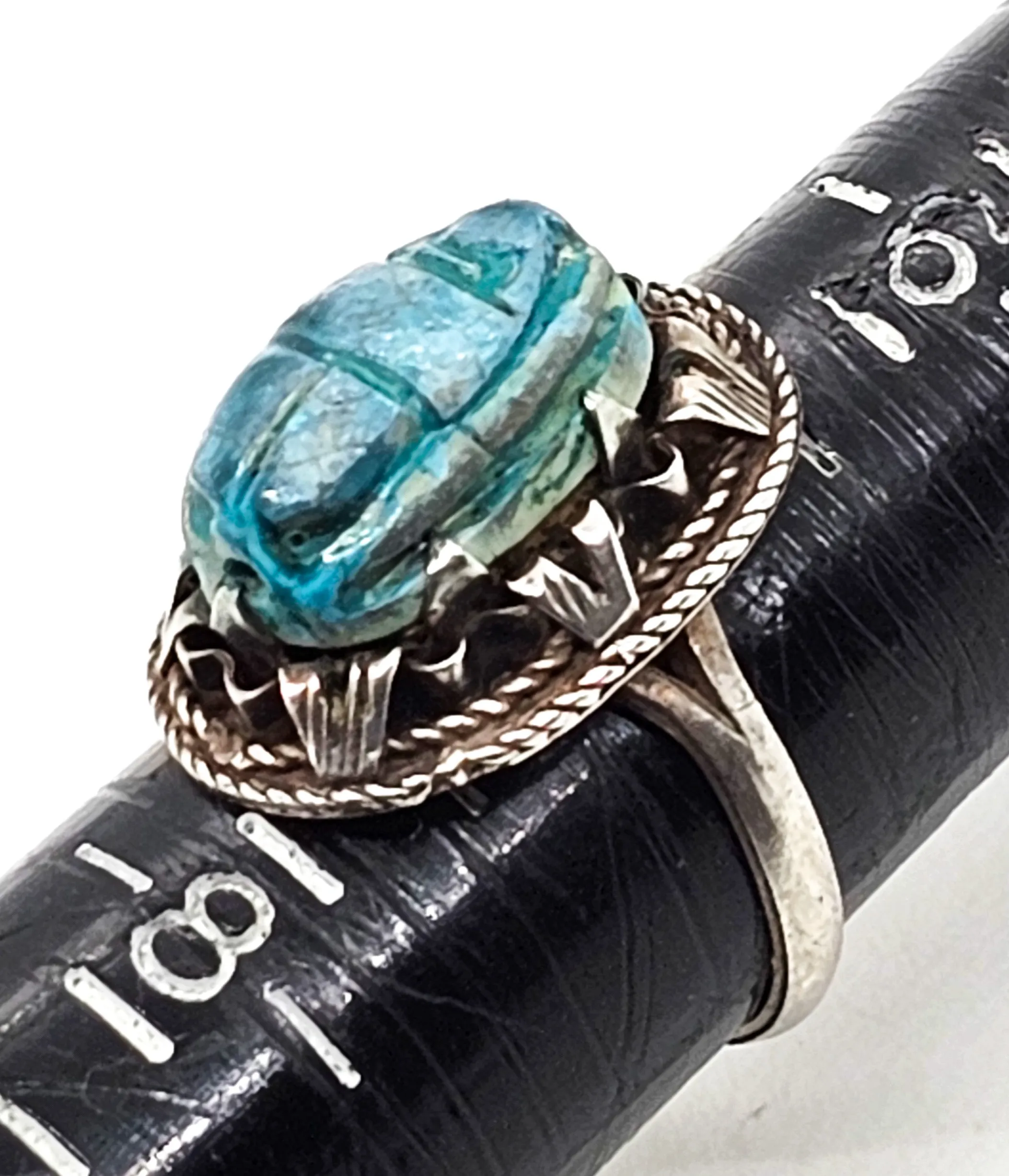 Egyptian Revival blue faience antique sterling silver Egyptian handcrafted ring size 7