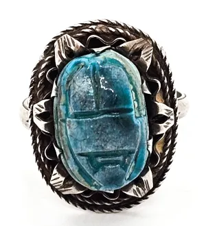 Egyptian Revival blue faience antique sterling silver Egyptian handcrafted ring size 7