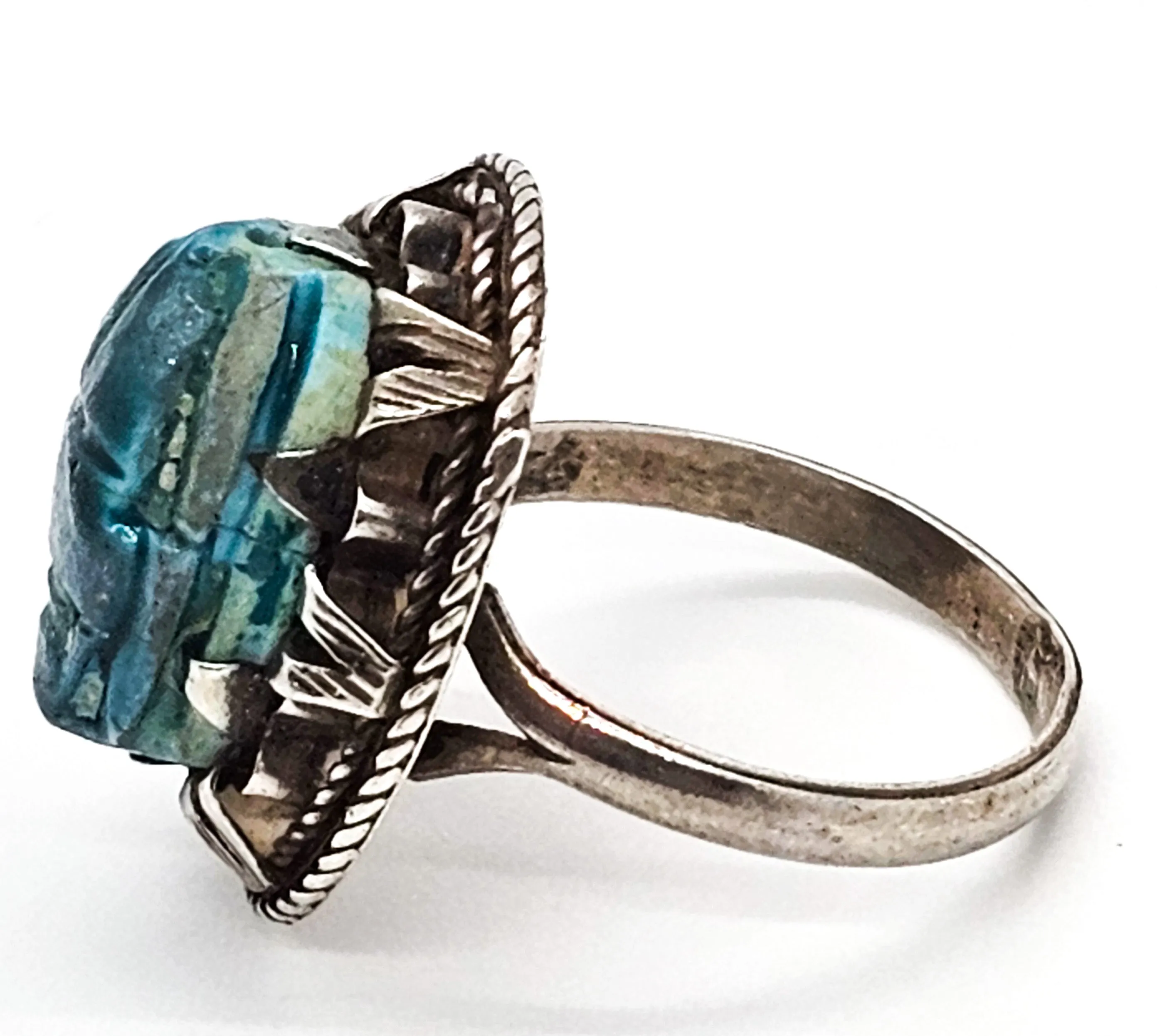 Egyptian Revival blue faience antique sterling silver Egyptian handcrafted ring size 7