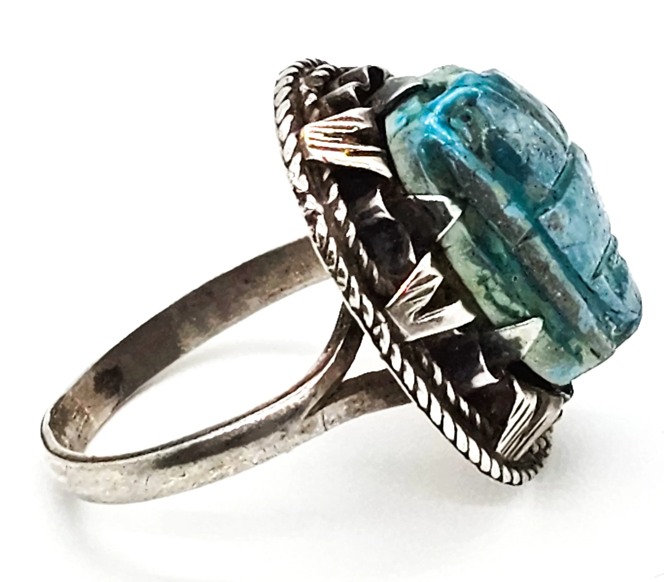 Egyptian Revival blue faience antique sterling silver Egyptian handcrafted ring size 7