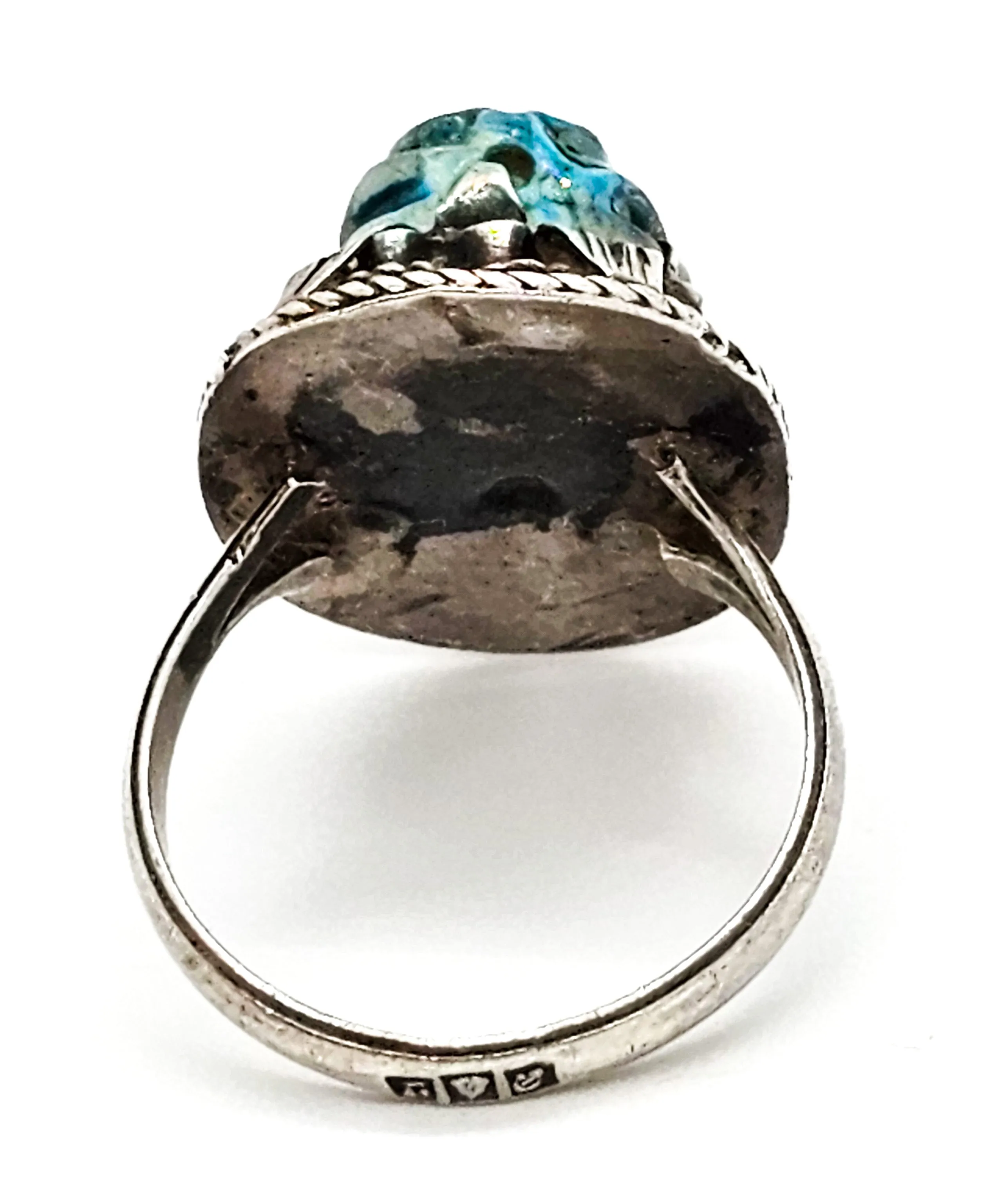 Egyptian Revival blue faience antique sterling silver Egyptian handcrafted ring size 7