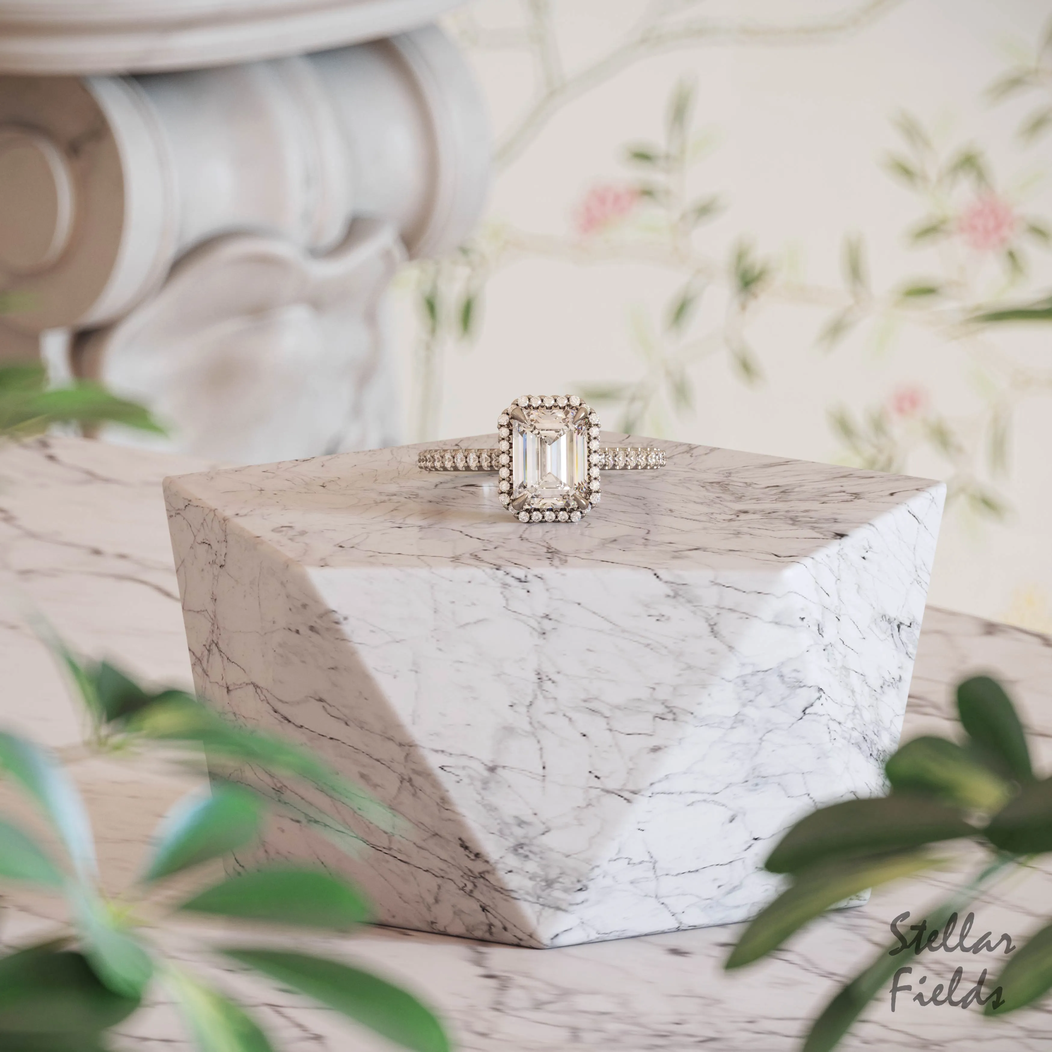 Emerald Diamond Halo Engagement Ring Scalloped Micro Pave Band