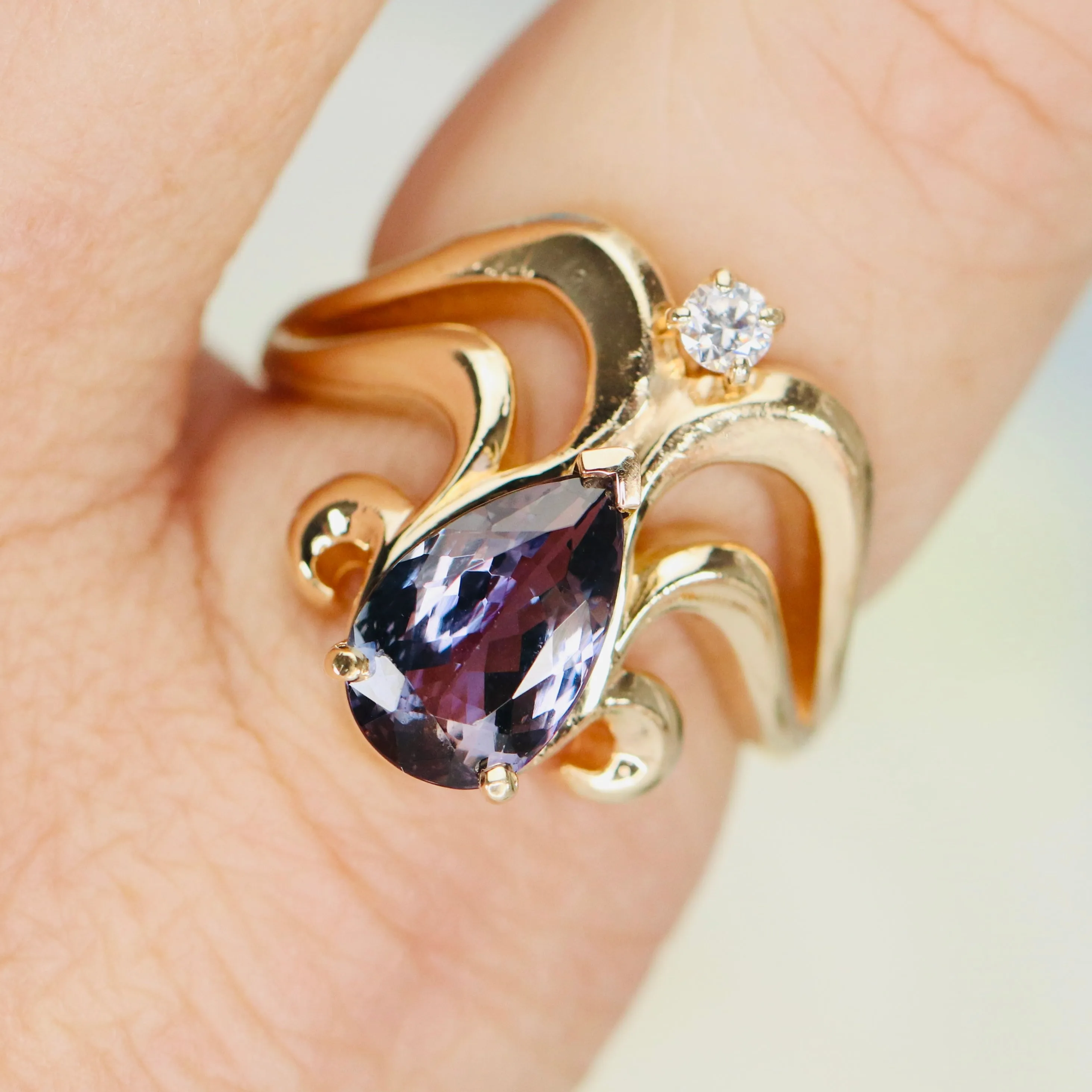 Estate heavy tanzanite and diamond chevron ring in 14k yellow gold