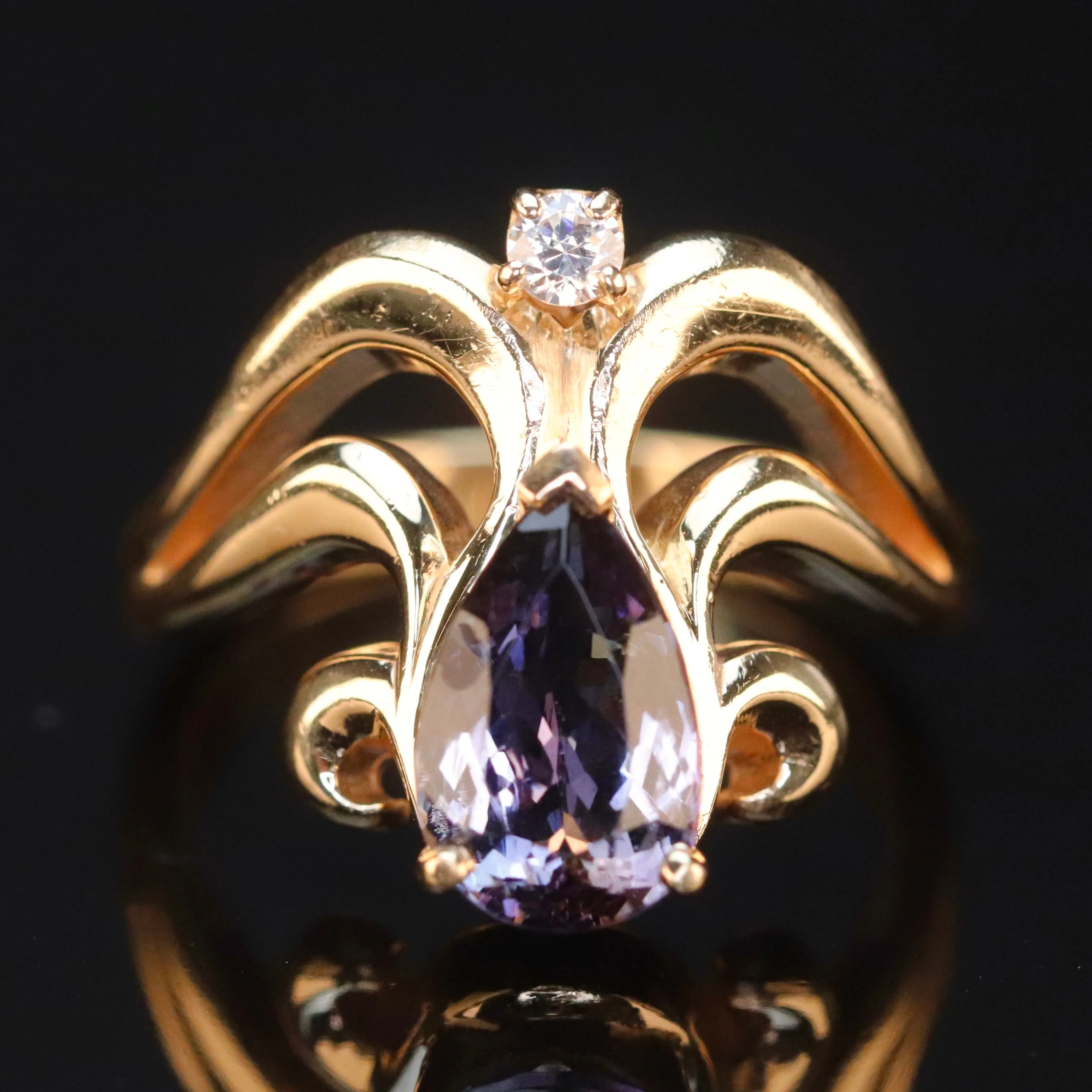 Estate heavy tanzanite and diamond chevron ring in 14k yellow gold