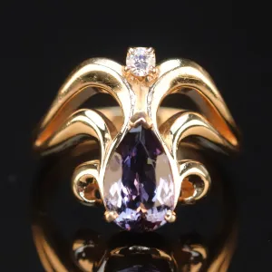Estate heavy tanzanite and diamond chevron ring in 14k yellow gold