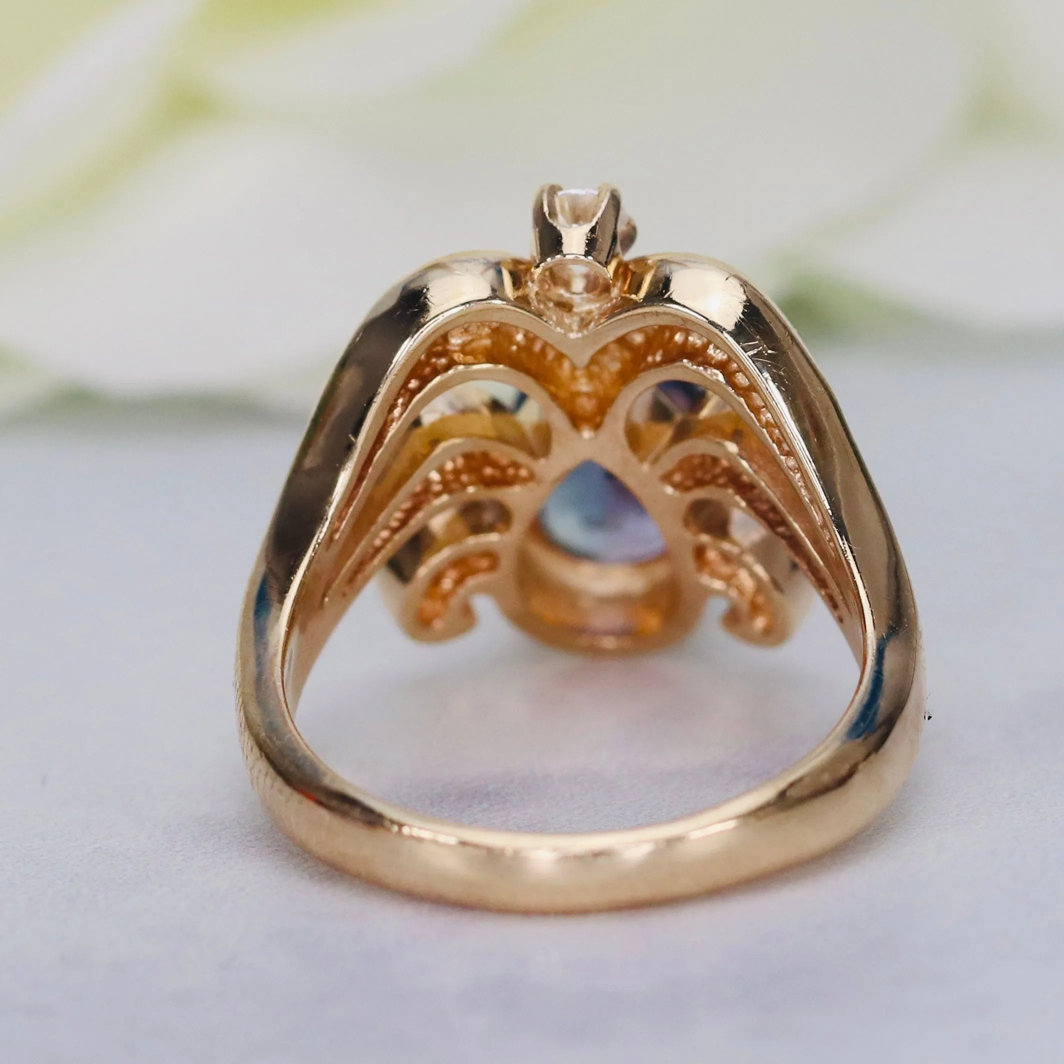 Estate heavy tanzanite and diamond chevron ring in 14k yellow gold