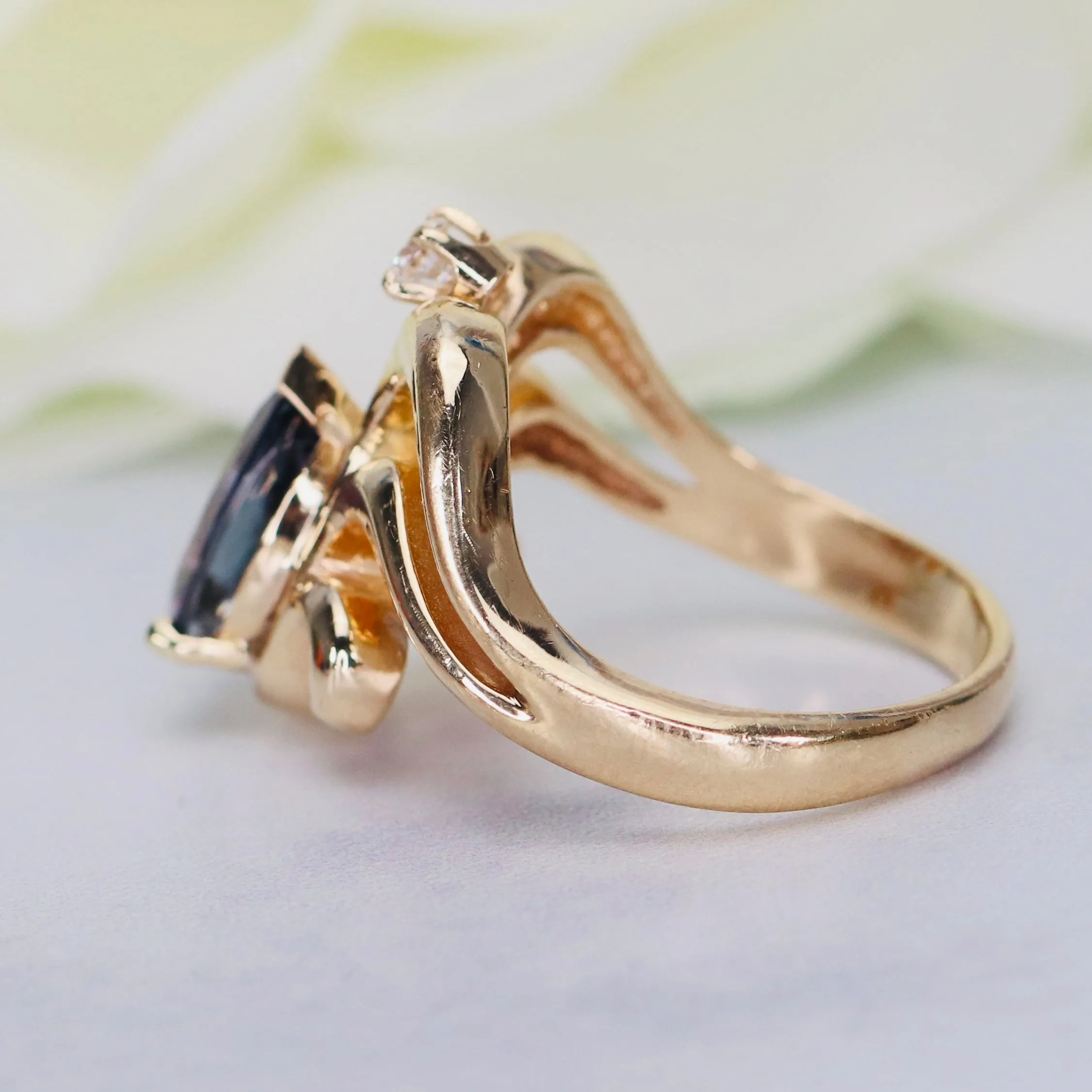 Estate heavy tanzanite and diamond chevron ring in 14k yellow gold