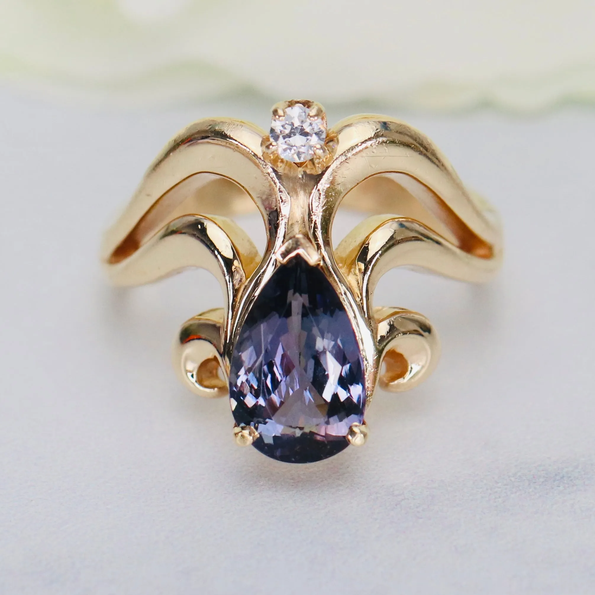 Estate heavy tanzanite and diamond chevron ring in 14k yellow gold