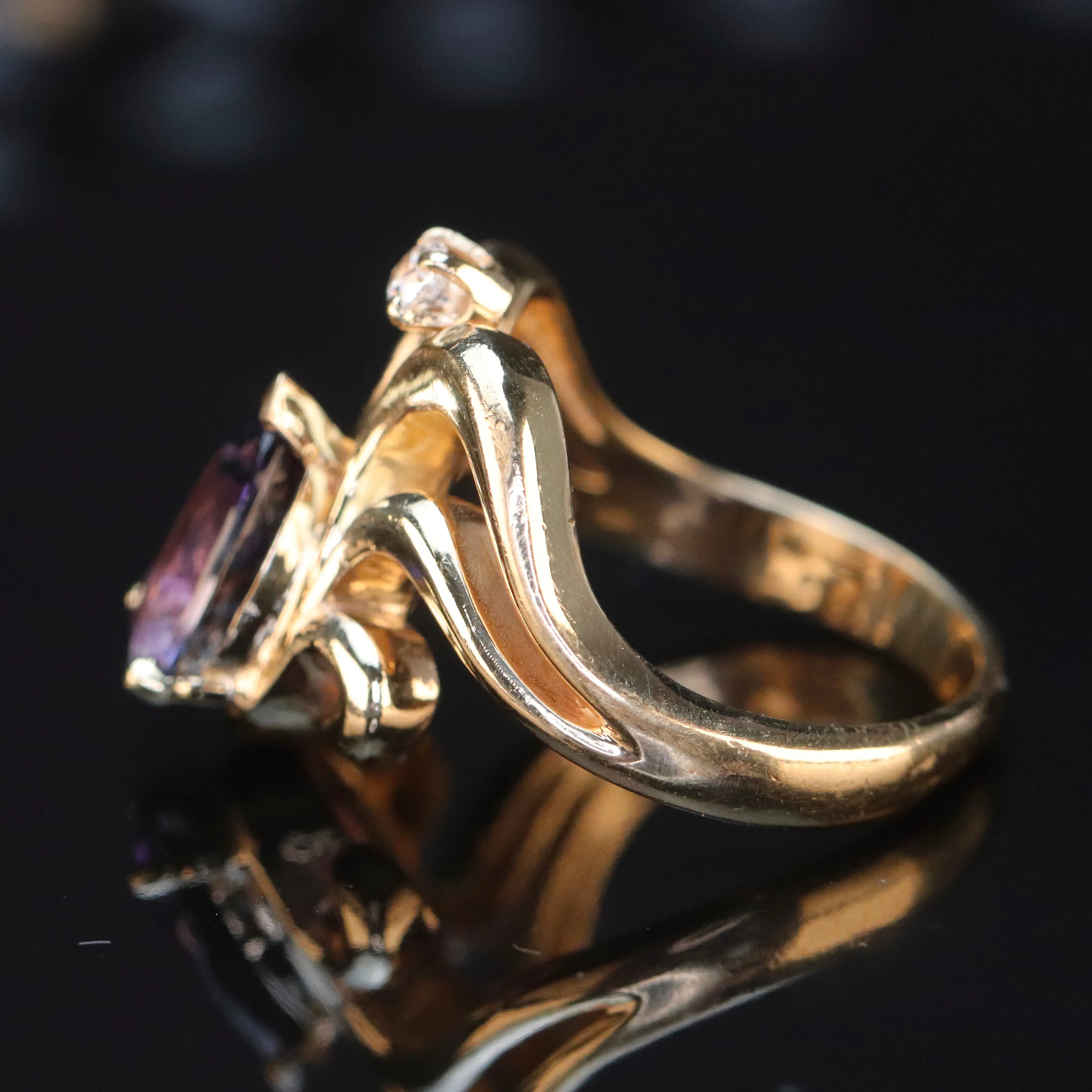 Estate heavy tanzanite and diamond chevron ring in 14k yellow gold