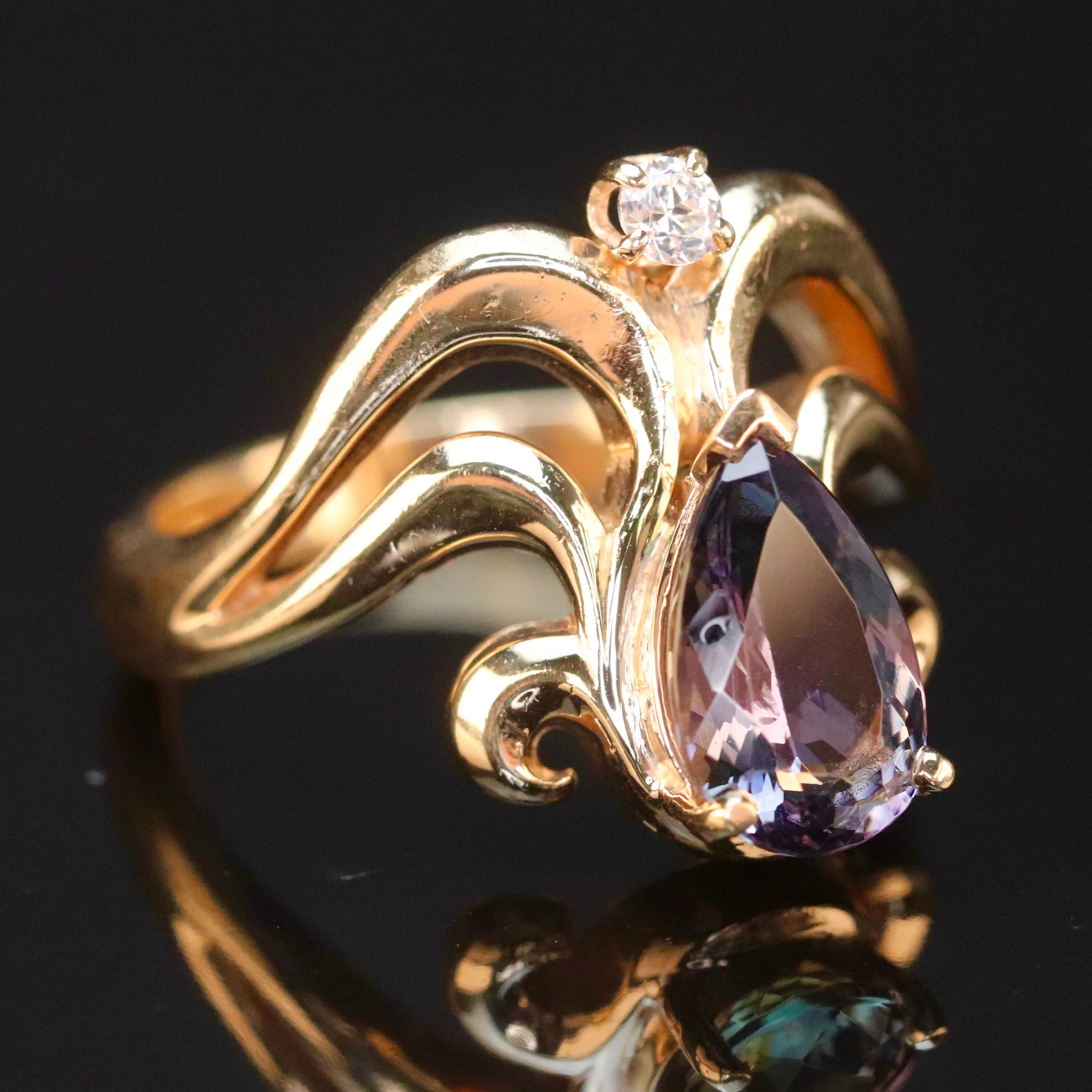 Estate heavy tanzanite and diamond chevron ring in 14k yellow gold