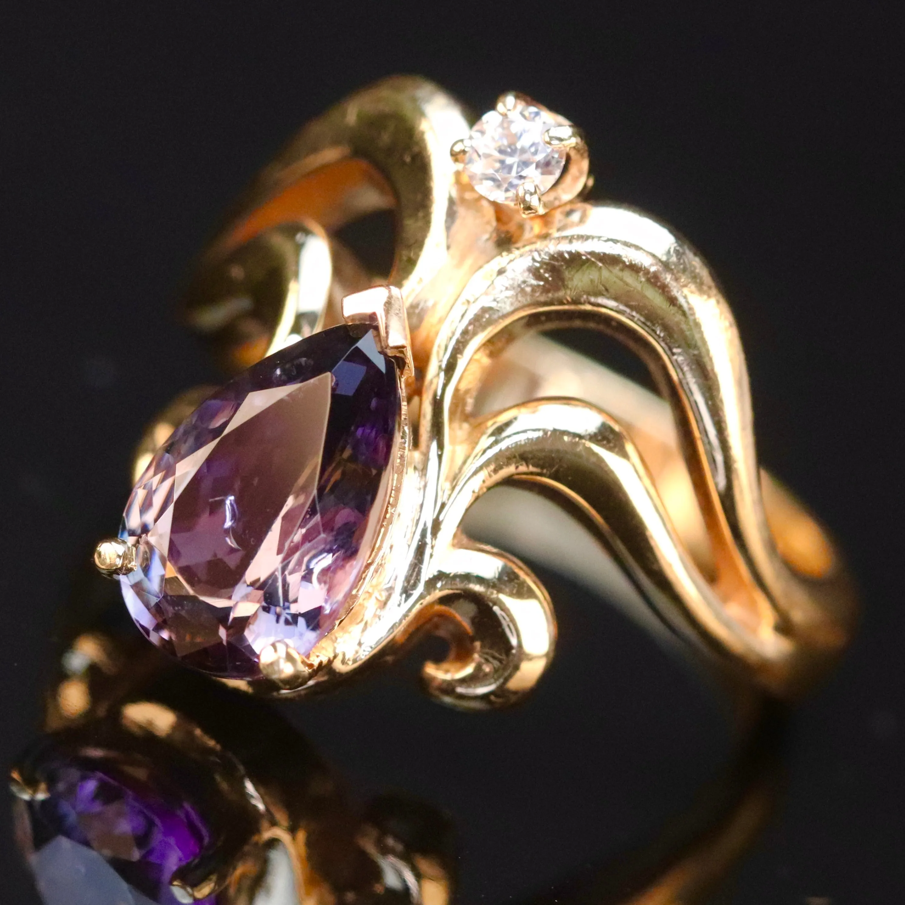 Estate heavy tanzanite and diamond chevron ring in 14k yellow gold