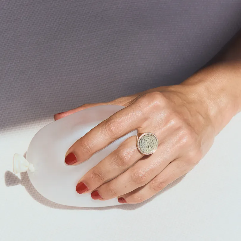 Fine Vintage Coin Ring with White Pavé Diamonds