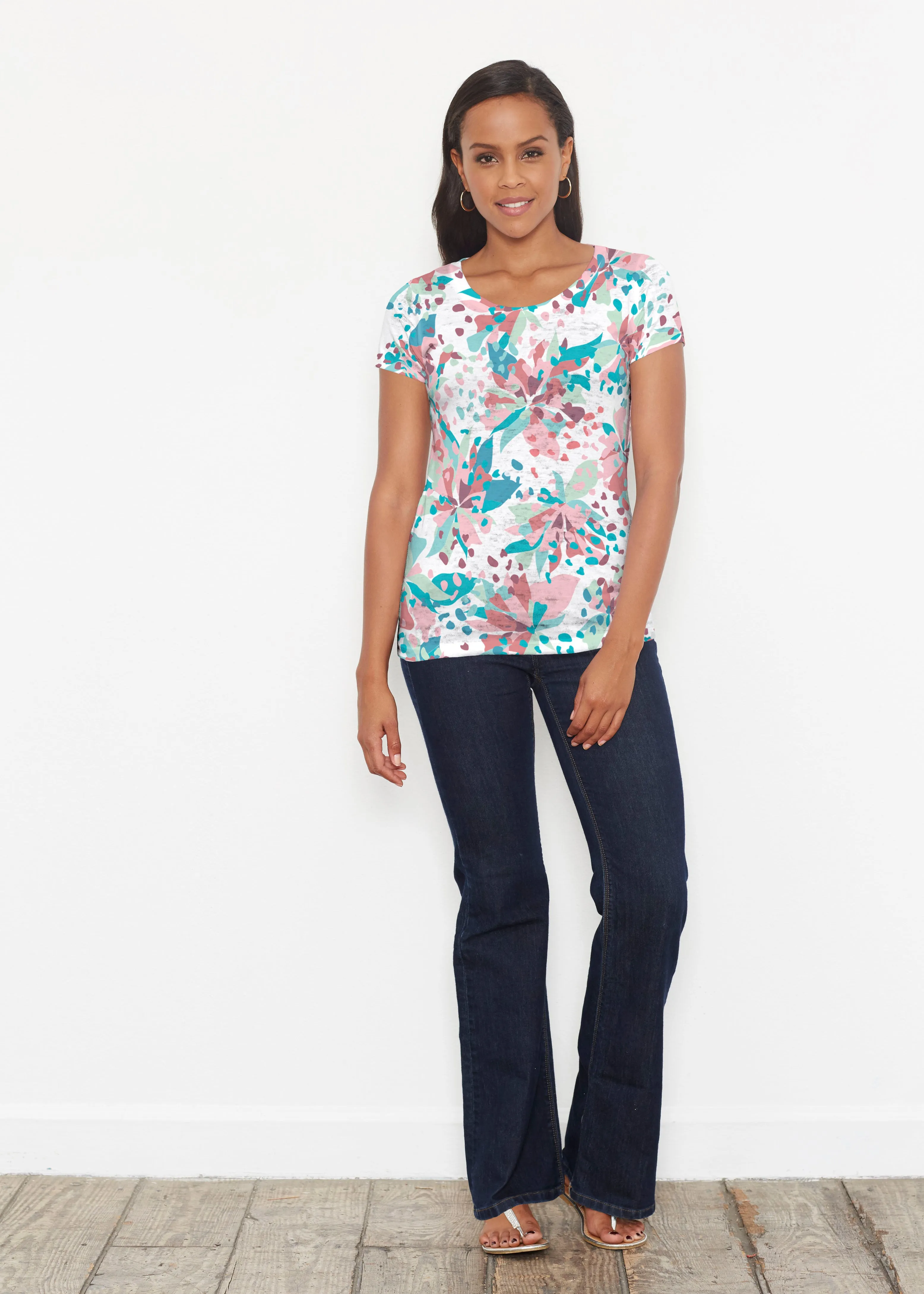 Floral Leopard Teal (7838) ~ Short Sleeve Scoop Shirt