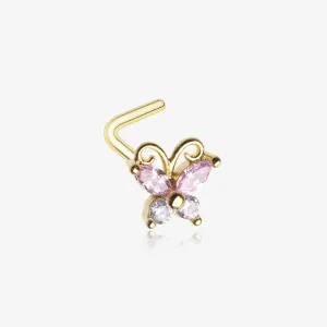 Golden Dainty Butterfly Rose Sparkle Multi-Gem L-Shaped Nose Ring