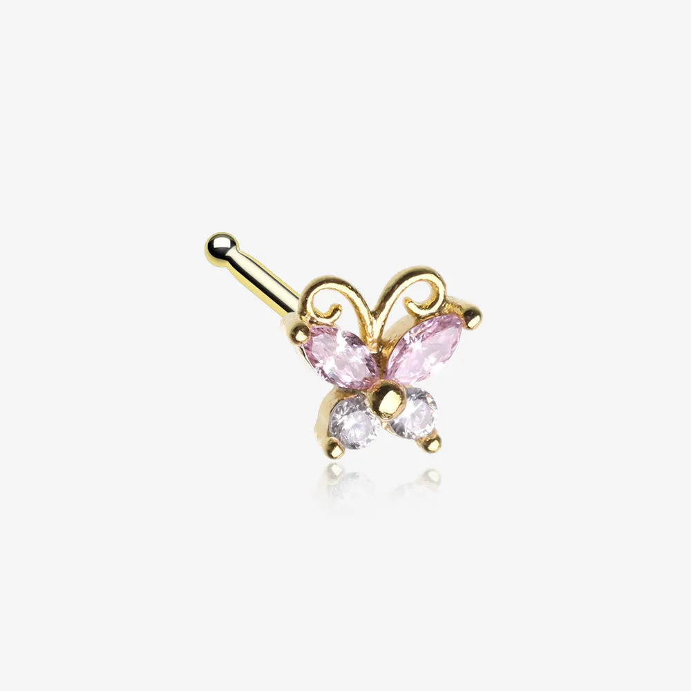 Golden Dainty Butterfly Rose Sparkle Multi-Gem Nose Stud Ring