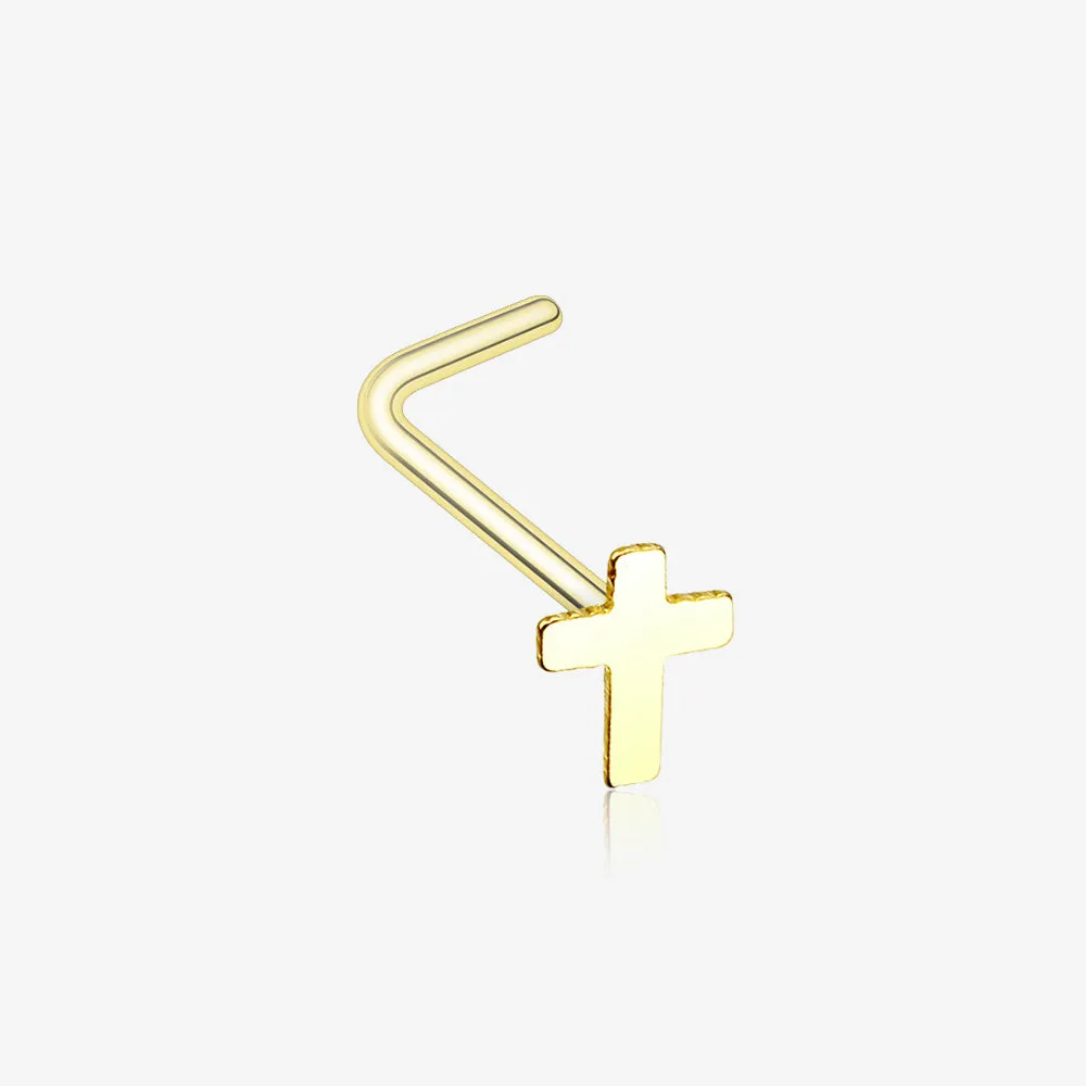 Golden Dainty Cross Icon L-Shaped Nose Ring