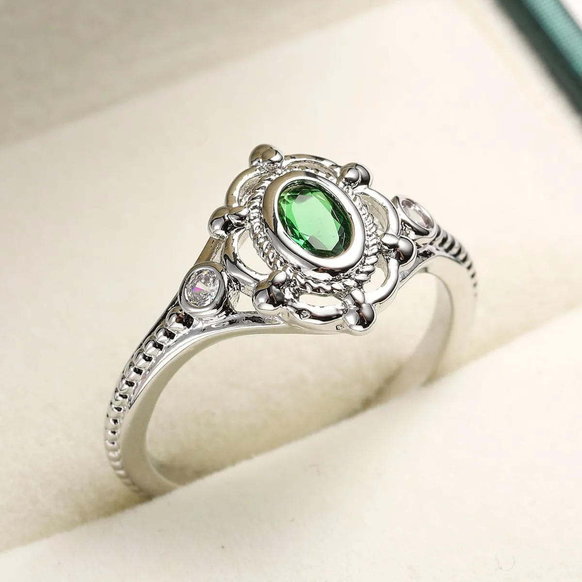 Green Crystal & Cubic Zirconia Oval Ring