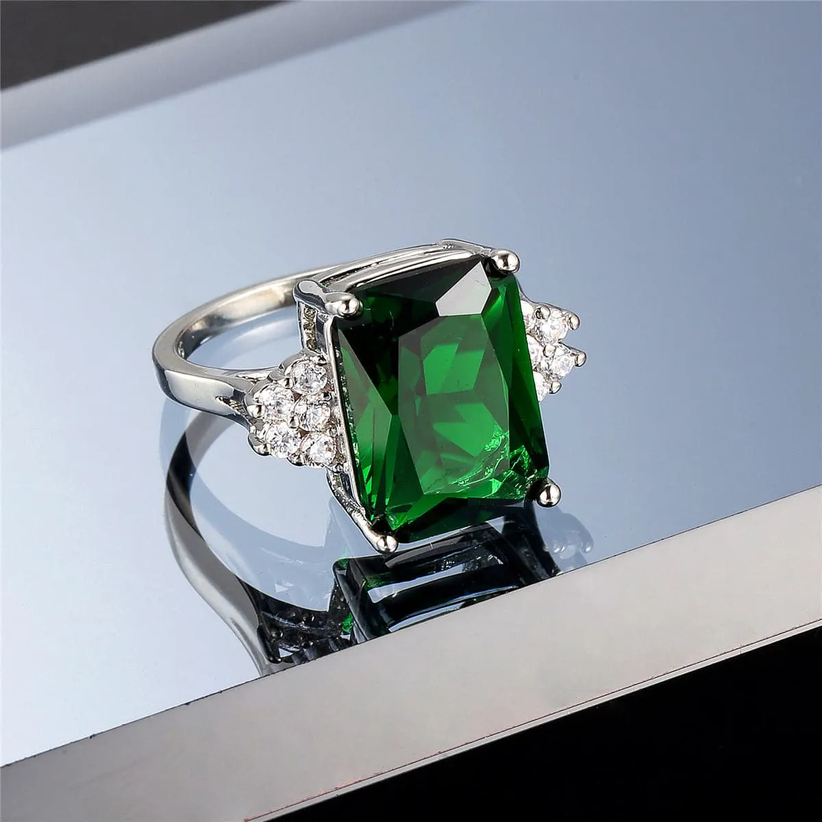 Green Crystal & Cubic Zirconia Rectangle Ring