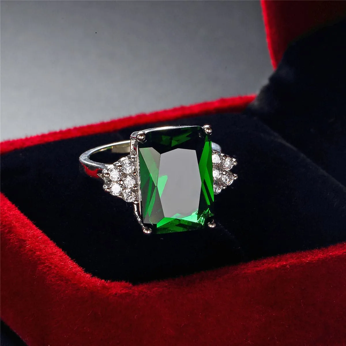 Green Crystal & Cubic Zirconia Rectangle Ring