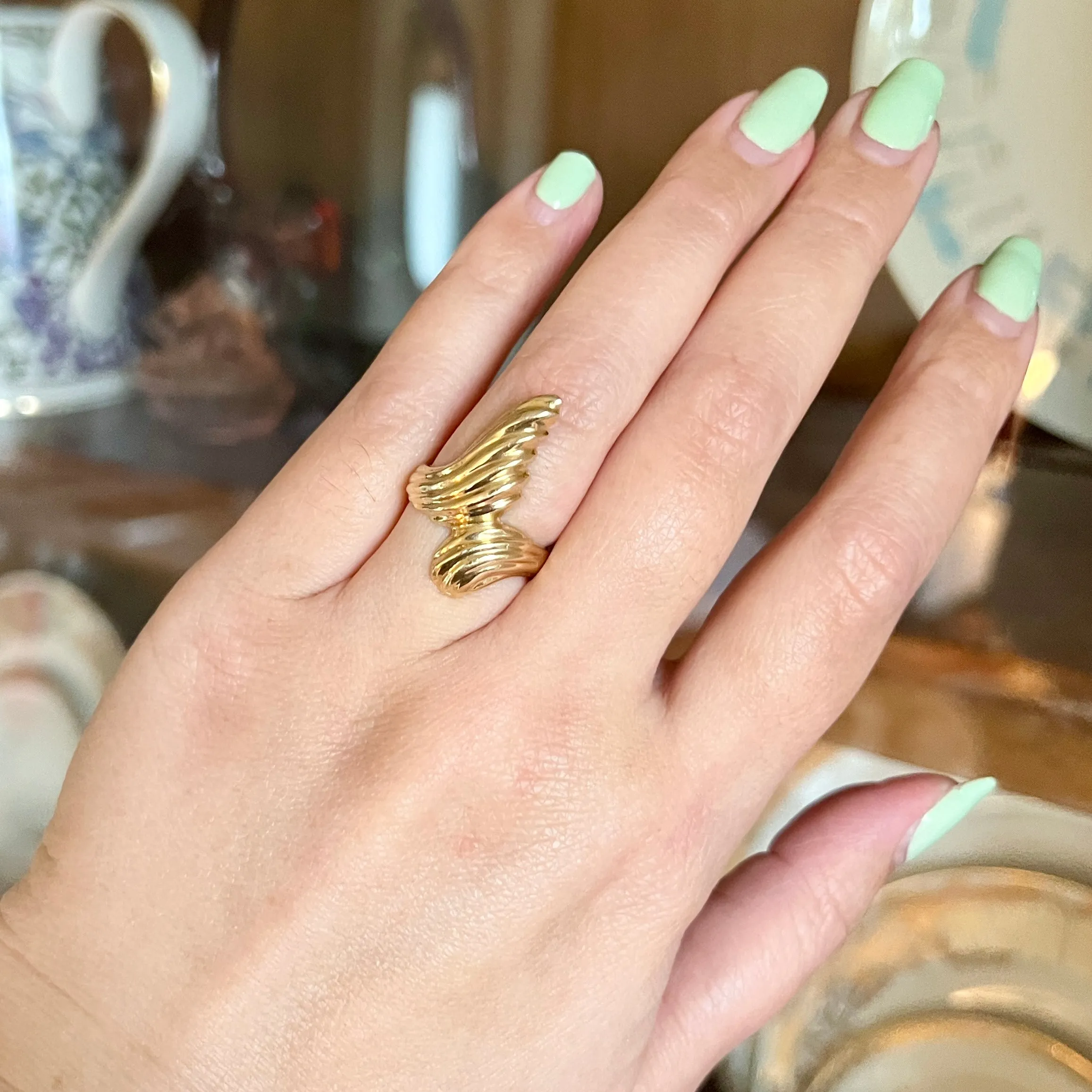 Grooved Bypass Statement Ring 14k