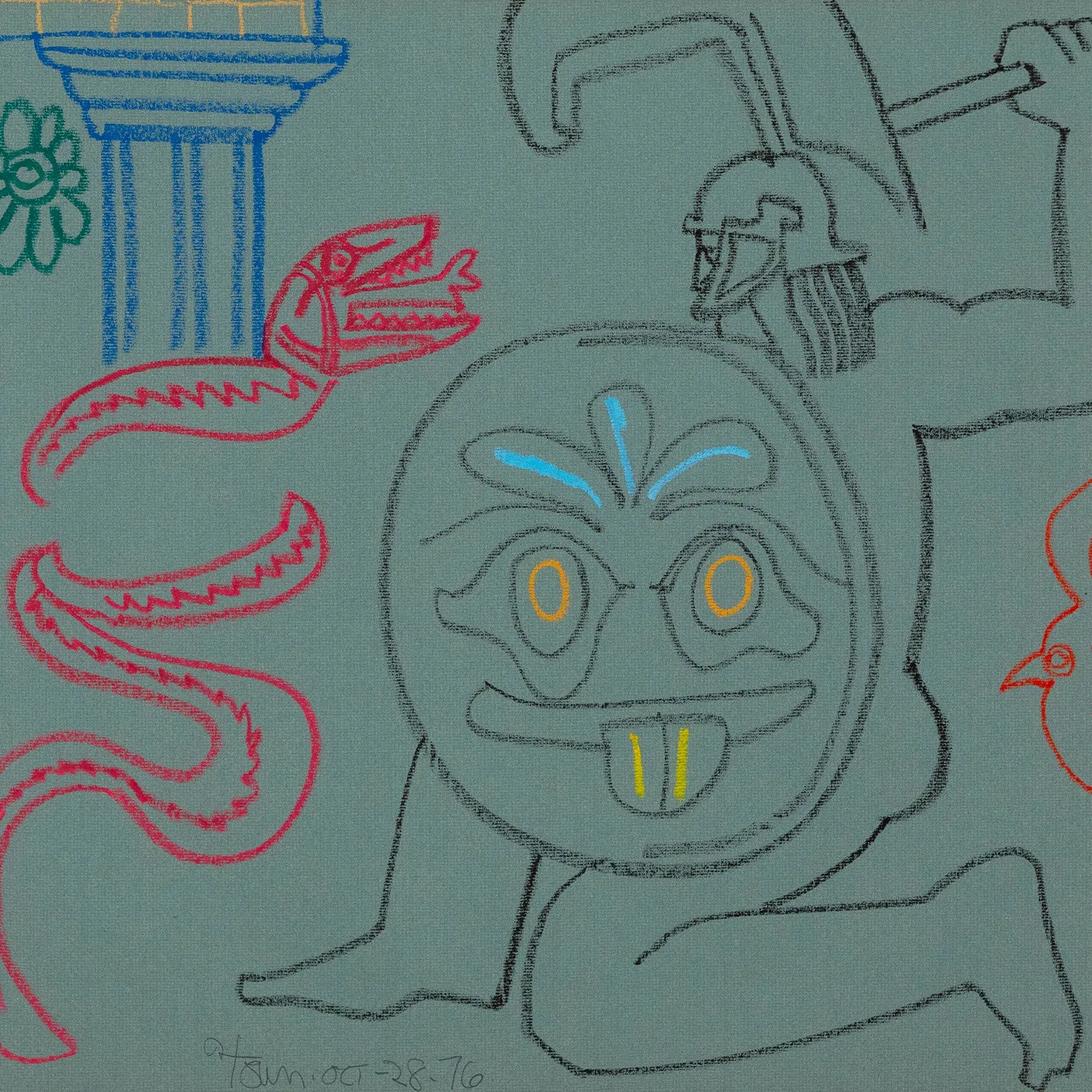 HAROLD TOWN "CADMUS SLAYING A DRAGON" MIXED MEDIA DRAWING, 1976