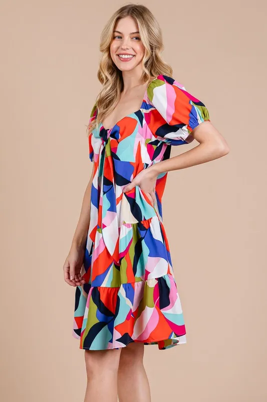 Hazel Blues® |  Ces Femme Abstract Print Sweetheart Neck Puff Sleeve Dress