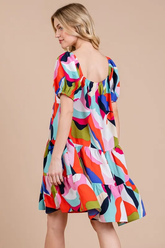 Hazel Blues® |  Ces Femme Abstract Print Sweetheart Neck Puff Sleeve Dress