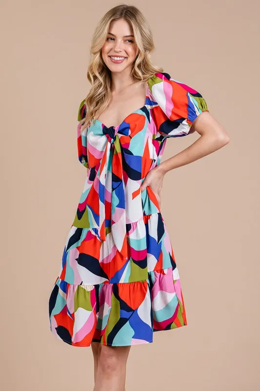 Hazel Blues® |  Ces Femme Abstract Print Sweetheart Neck Puff Sleeve Dress