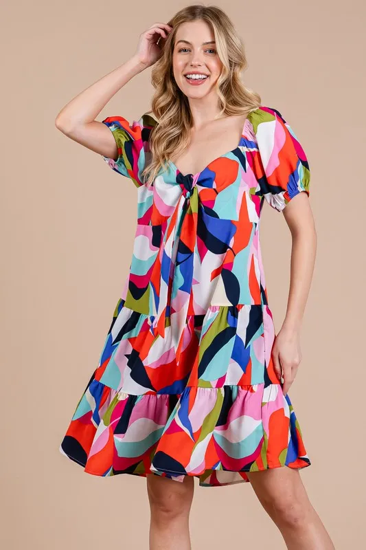Hazel Blues® |  Ces Femme Abstract Print Sweetheart Neck Puff Sleeve Dress