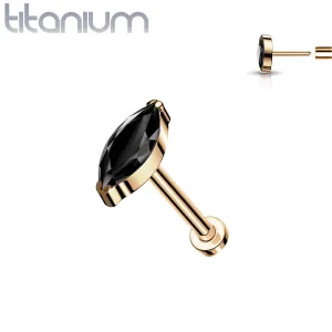Implant Grade Titanium Rose Gold PVD Threadless Push In Labret Black Marquise CZ Stud