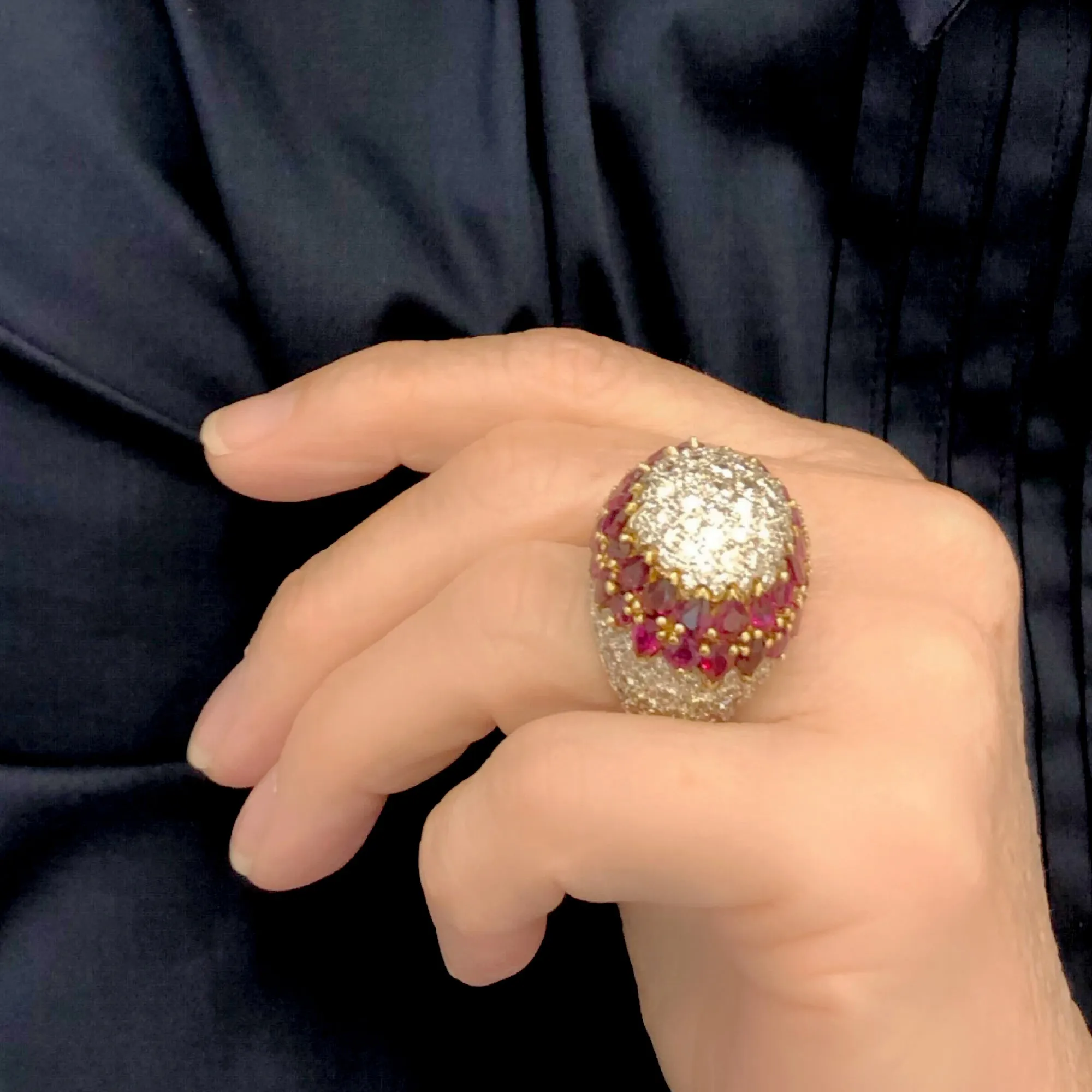 Important Diamond and Ruby Dome Cocktail Ring 18 Karat circa 1970