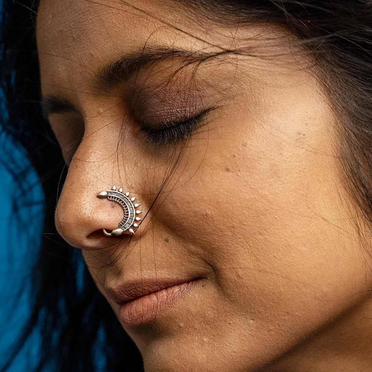 Isha Silver Nath/Nose Ring - Black, Right, Clip-On by Moha