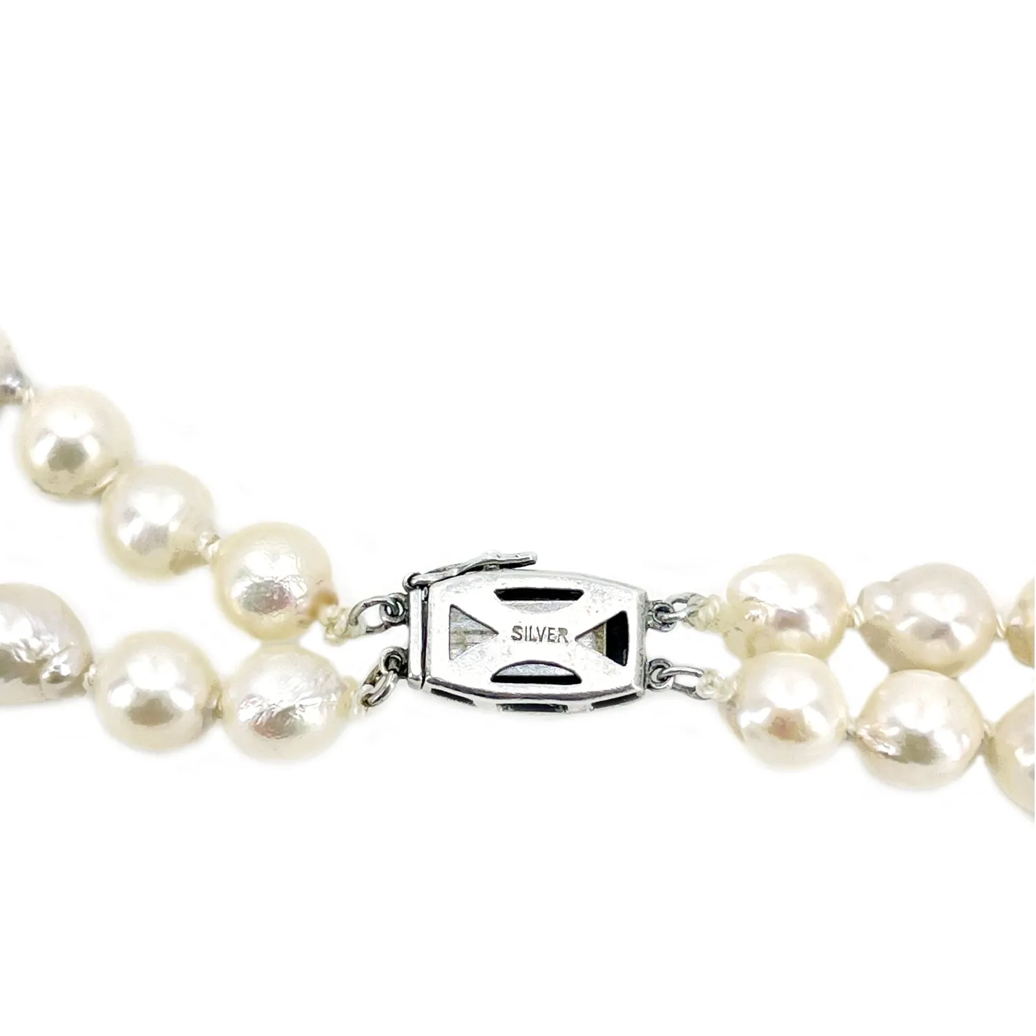 Japanese Vintage Double Strand Saltwater Cultured Baroque Akoya Pearl Choker Necklace -Sterling Silver 15.50 & 16 Inch