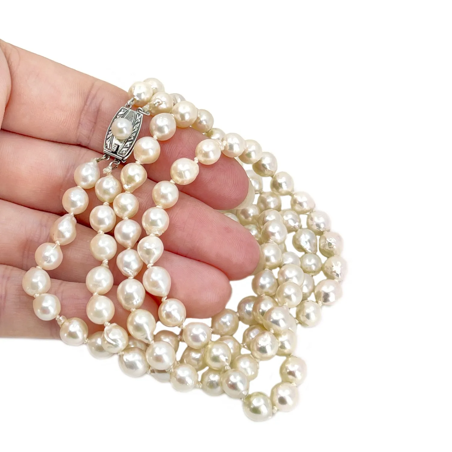 Japanese Vintage Double Strand Saltwater Cultured Baroque Akoya Pearl Choker Necklace -Sterling Silver 15.50 & 16 Inch