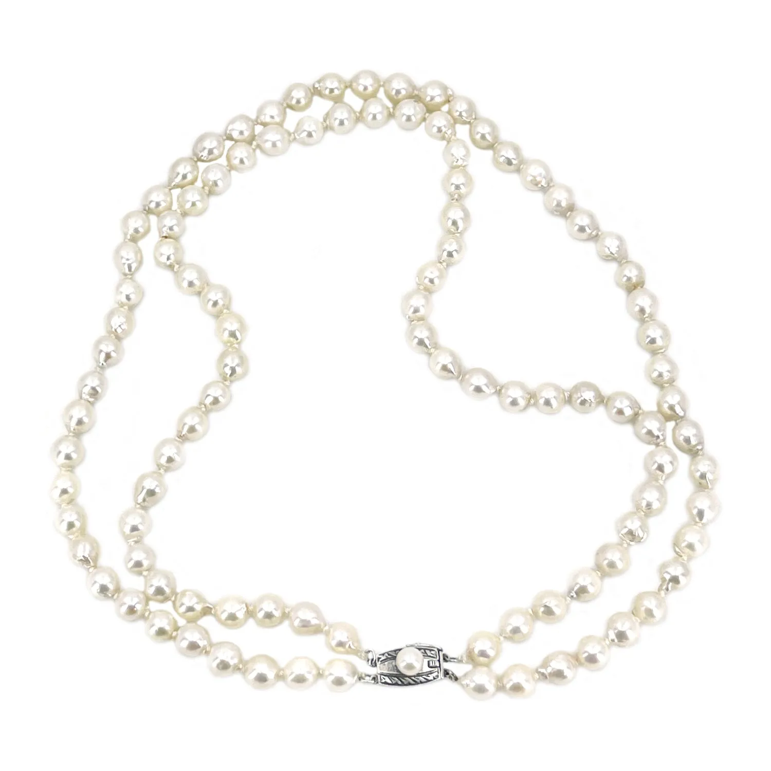 Japanese Vintage Double Strand Saltwater Cultured Baroque Akoya Pearl Choker Necklace -Sterling Silver 15.50 & 16 Inch
