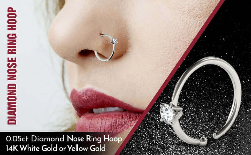 JewelMore 0.05ct Diamond Nose Ring Hoop - 14K White Gold or Yellow Gold