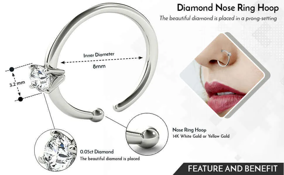 JewelMore 0.05ct Diamond Nose Ring Hoop - 14K White Gold or Yellow Gold
