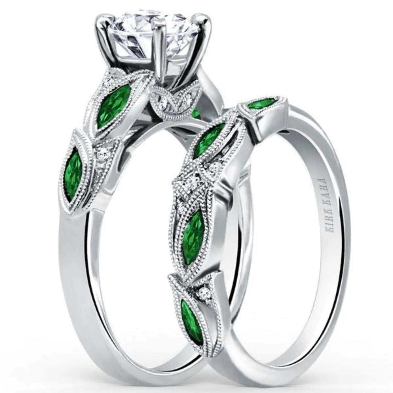 Kirk Kara "Dahlia" Green Tsavorite Garnet Leaf Diamond Engagement Ring