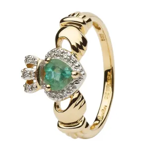 Ladies 14K Yellow Gold Claddagh Ring with Emerald and Diamonds - SL-14L82E